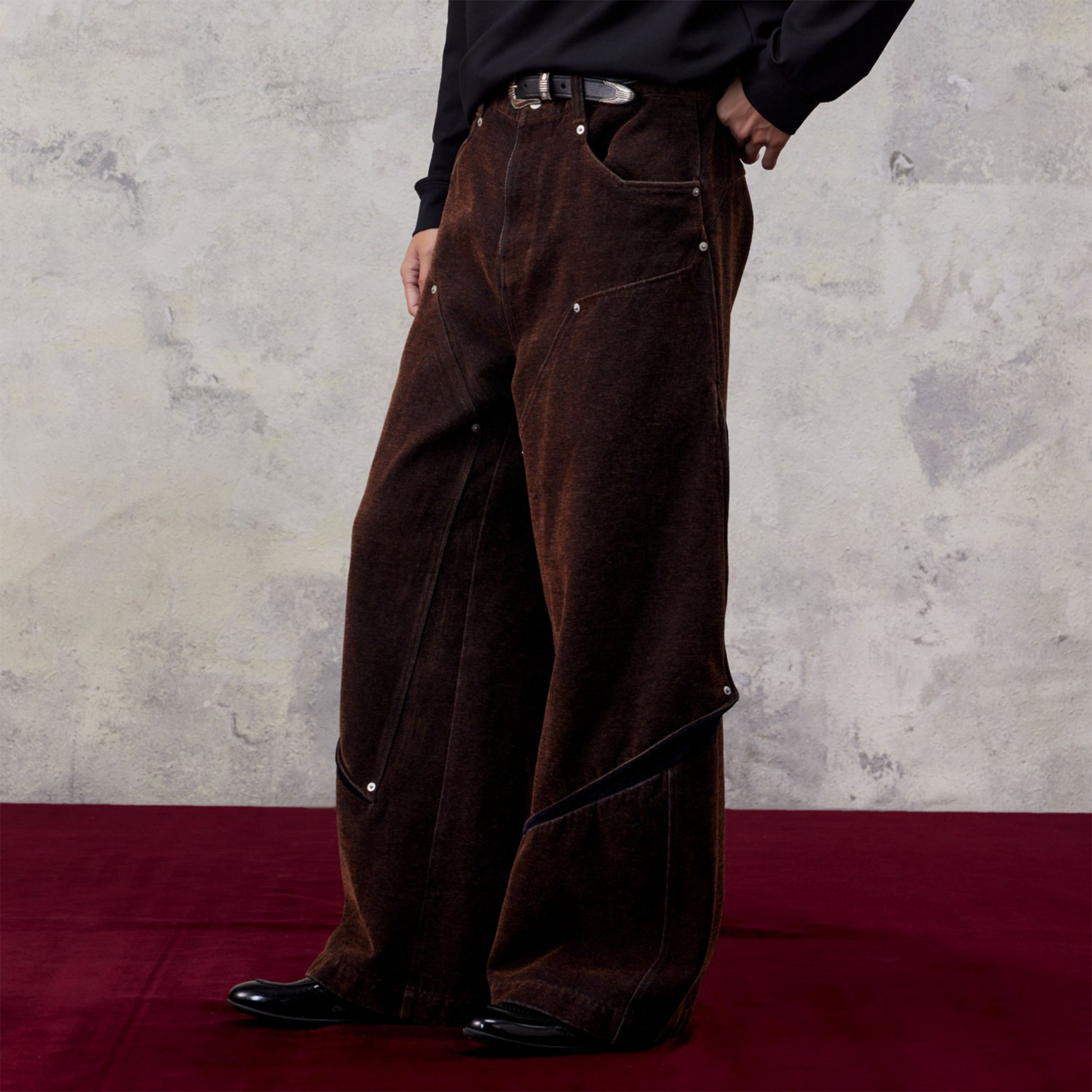 ALVNG AR ANTS Flocked Double-Knee Denim Pants-Pants-S-Brown-Free Shipping Leatheretro