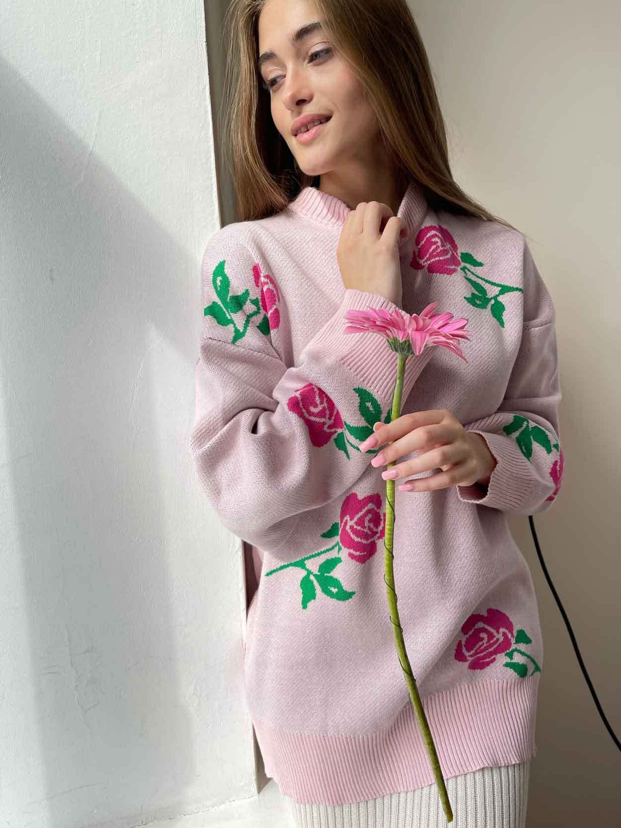 Fashion Rose Flowers Winter Knitted Women Sweaters-Sweater&Hoodies-Pink-S-Free Shipping Leatheretro