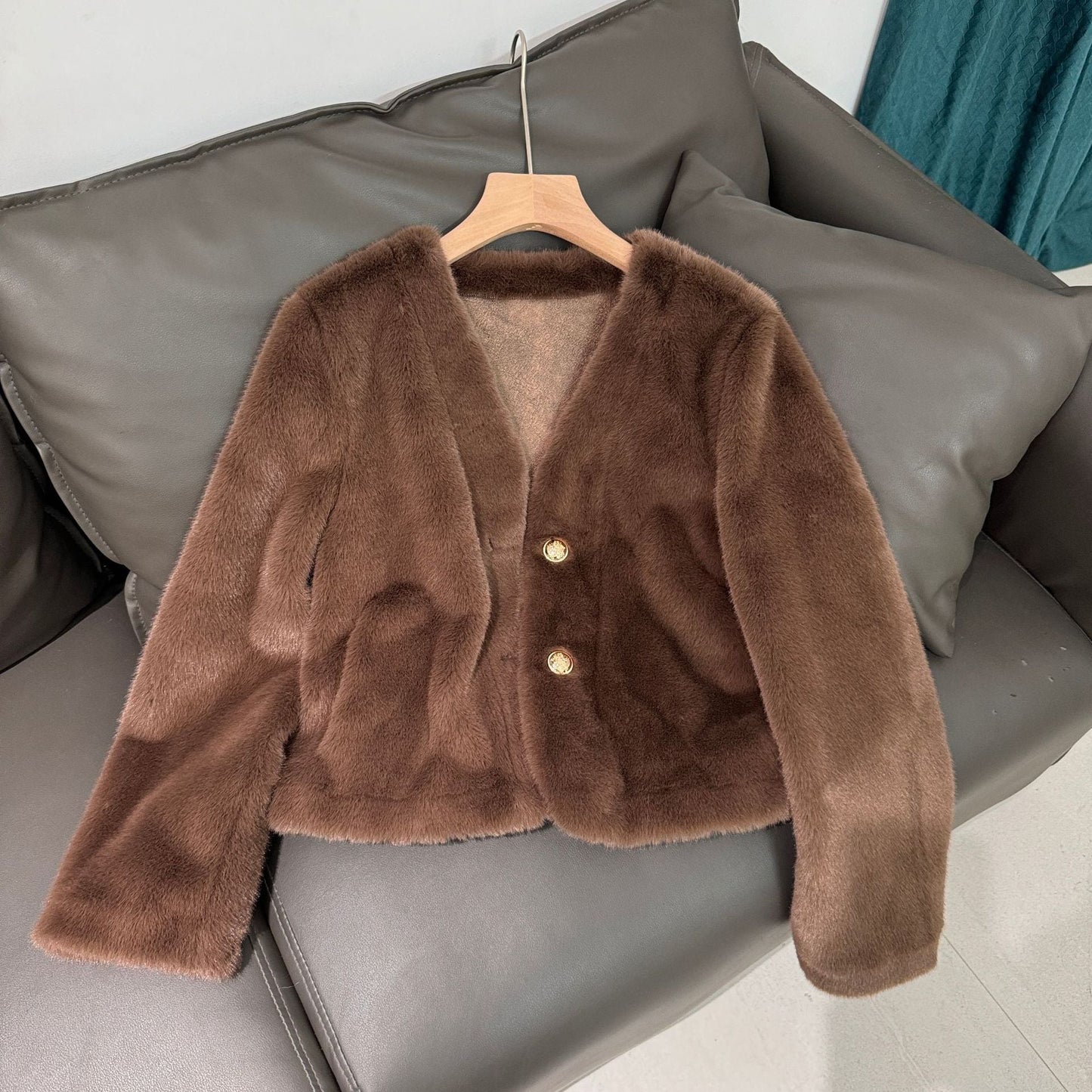 Fashion V Neck Faux Fur Short Coats-Coats & Jackets-Apricot-One Size-Free Shipping Leatheretro