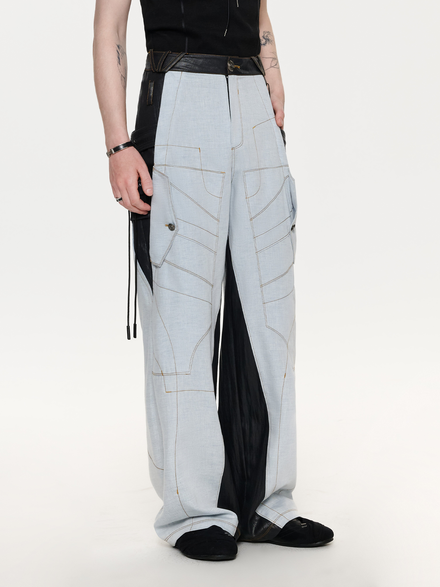 TIWILLTANG Contrast Stitch Paneled Wide-Leg Pants-Pants-S / 28-31”-Blue-Free Shipping Leatheretro