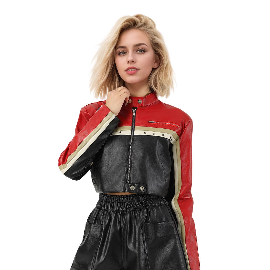 Edgy Cropped PU Leather Biker Jacket – Bold Color-Block Design-Coats & Jackets-Brick Red-S 50-55kg-Free Shipping Leatheretro
