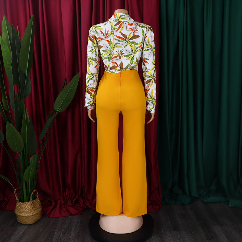 Fashion Long Sleeves Shirts & Wide Legs Pants-Suits-Rose Red-S-Free Shipping Leatheretro