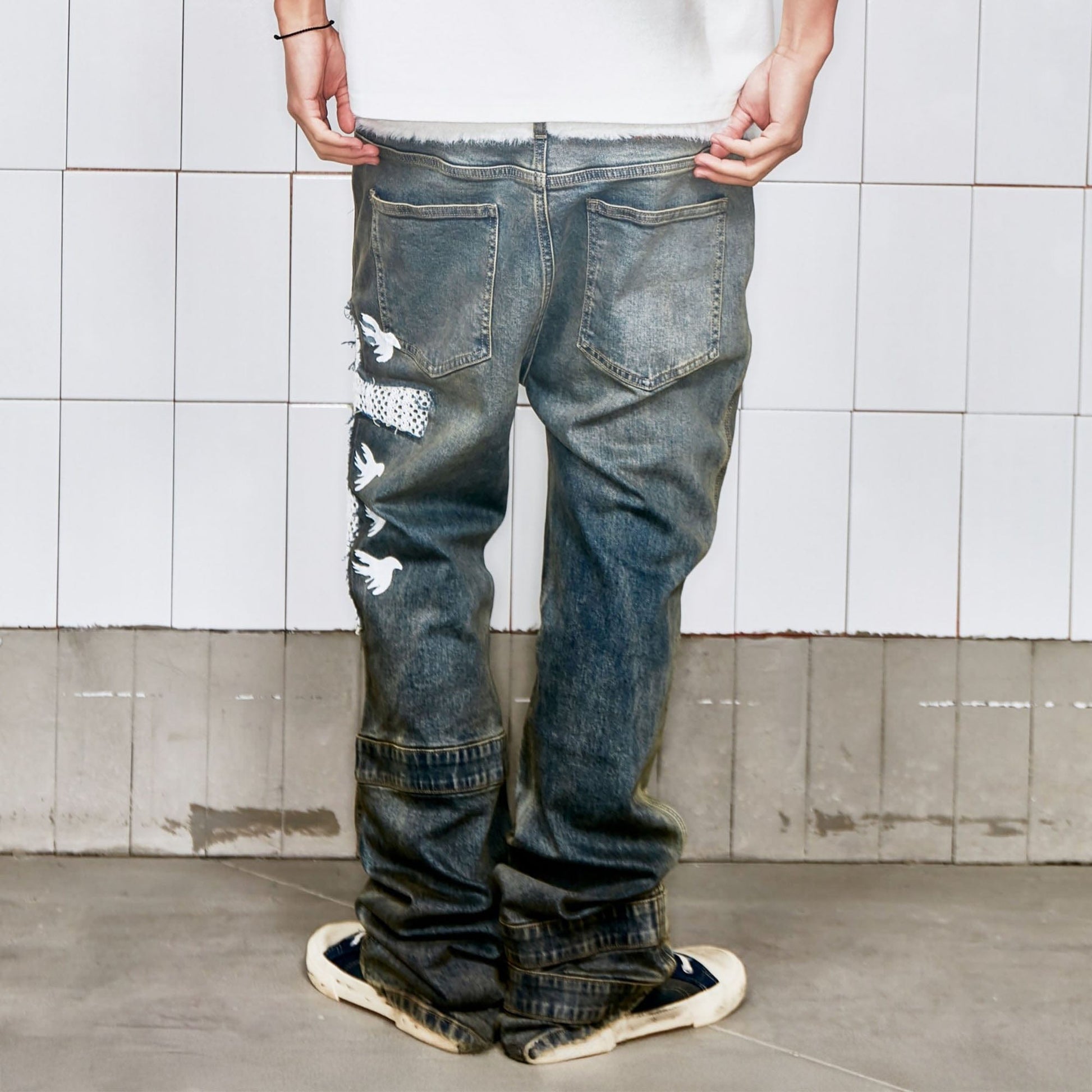 VINKID Cutout Cross & Peace Dove Patchwork Washed Jeans-Jeans-S-Free Shipping Leatheretro