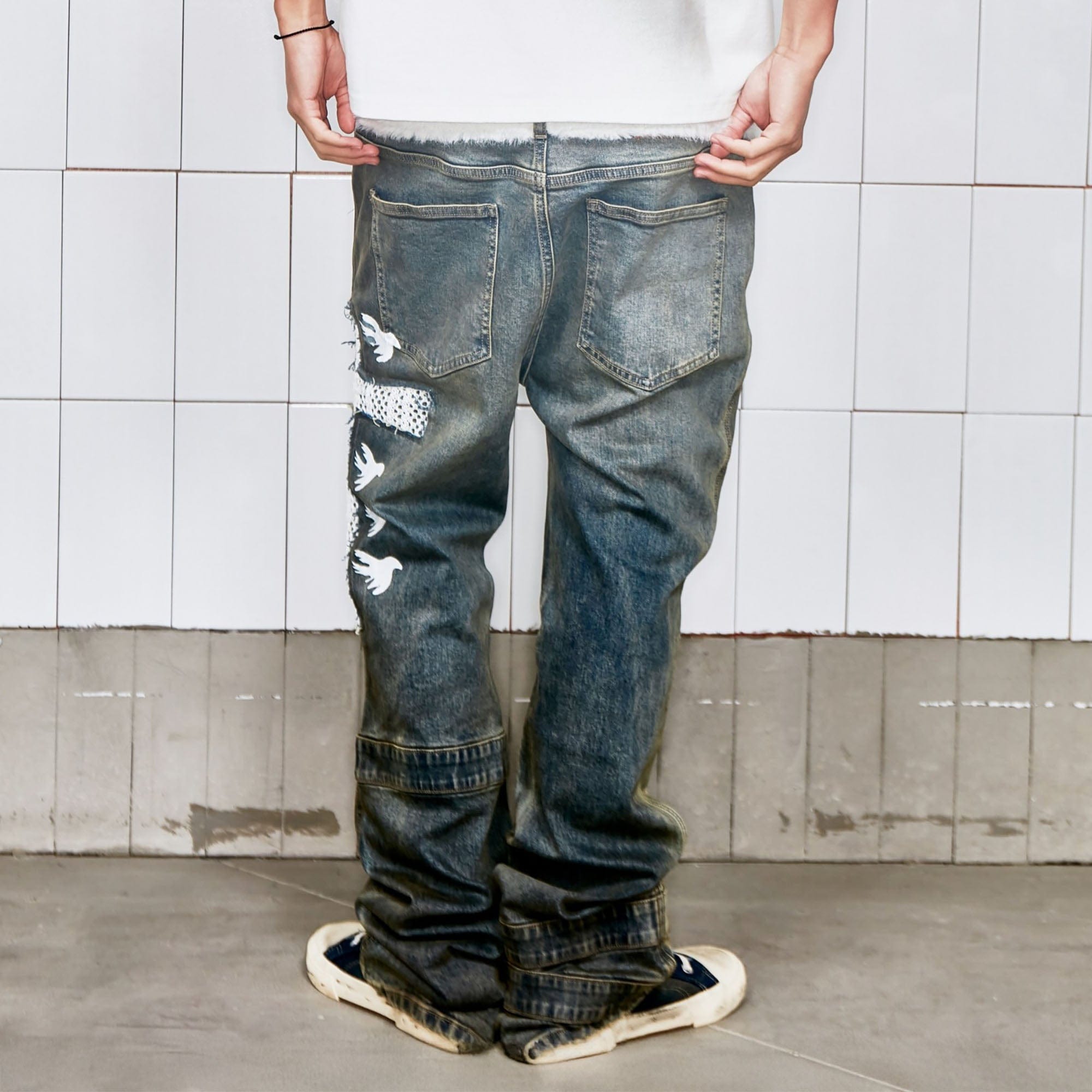 VINKID Cutout Cross & Peace Dove Patchwork Washed Jeans-Jeans-S-Free Shipping Leatheretro
