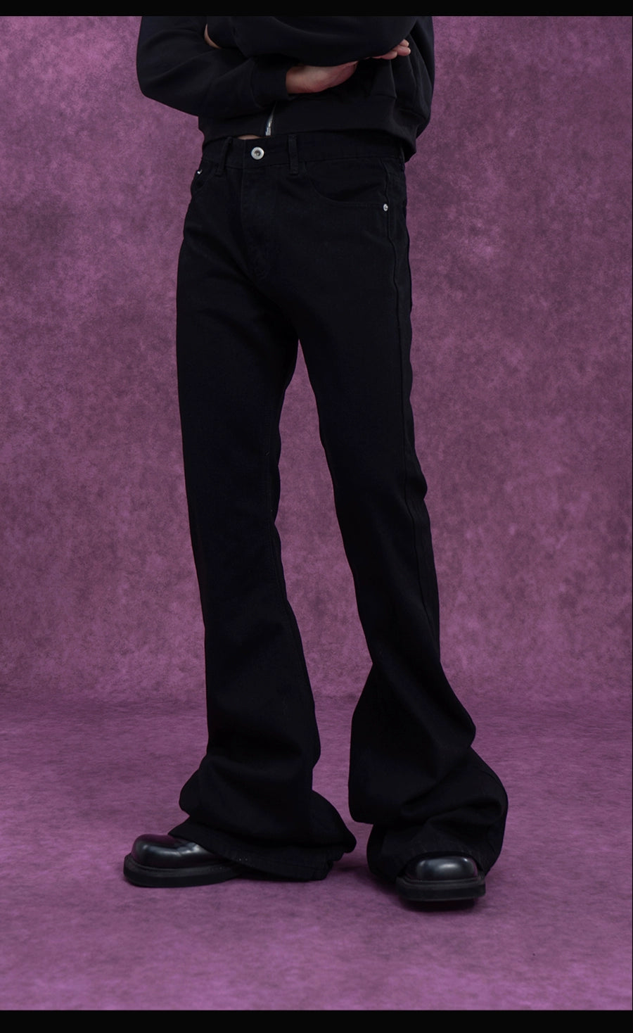 CLP Men's Extra Long Flared Denim Jeans-Black-S-Free Shipping Leatheretro