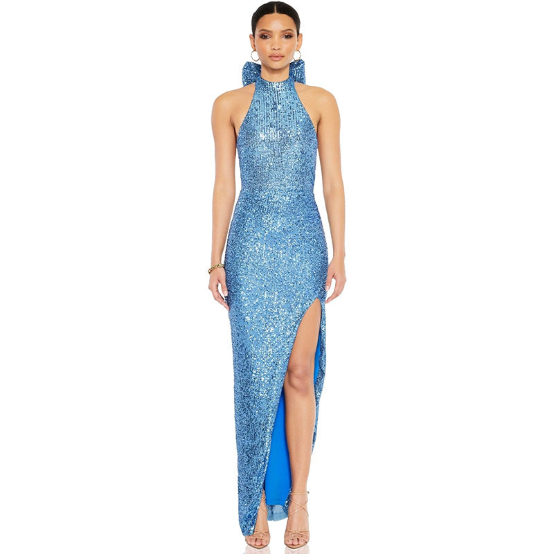 Sexy Sequined Halter Bow Evening Party Dresses-Dresses-Sky Blue-S-Free Shipping Leatheretro