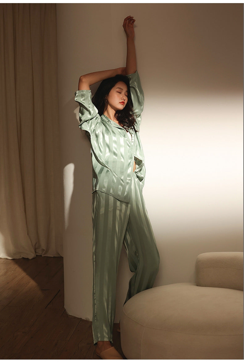 Causal Striped Summer Long Sleeves Homewear-Sleepwear & Loungewear-Green-M-Free Shipping Leatheretro