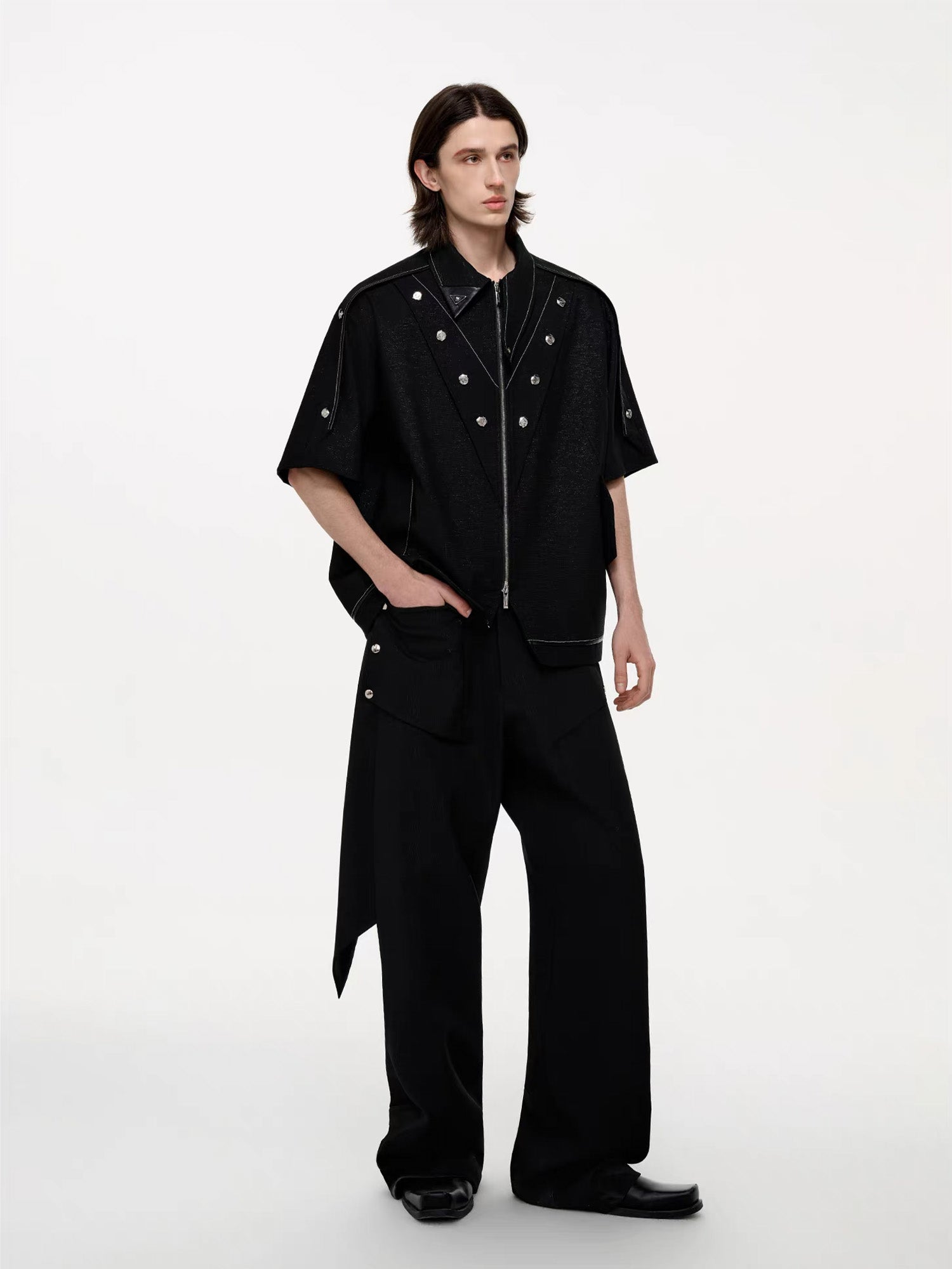 TIWILLTANG Studded Trim Zip-Up Half Shirt-T Shirt-S-Free Shipping Leatheretro