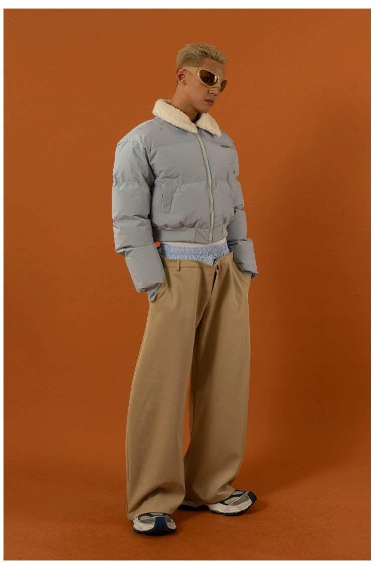 CLP Unisex Short Puffy Jacket with Sherpa Collar-Blue-S-Free Shipping Leatheretro