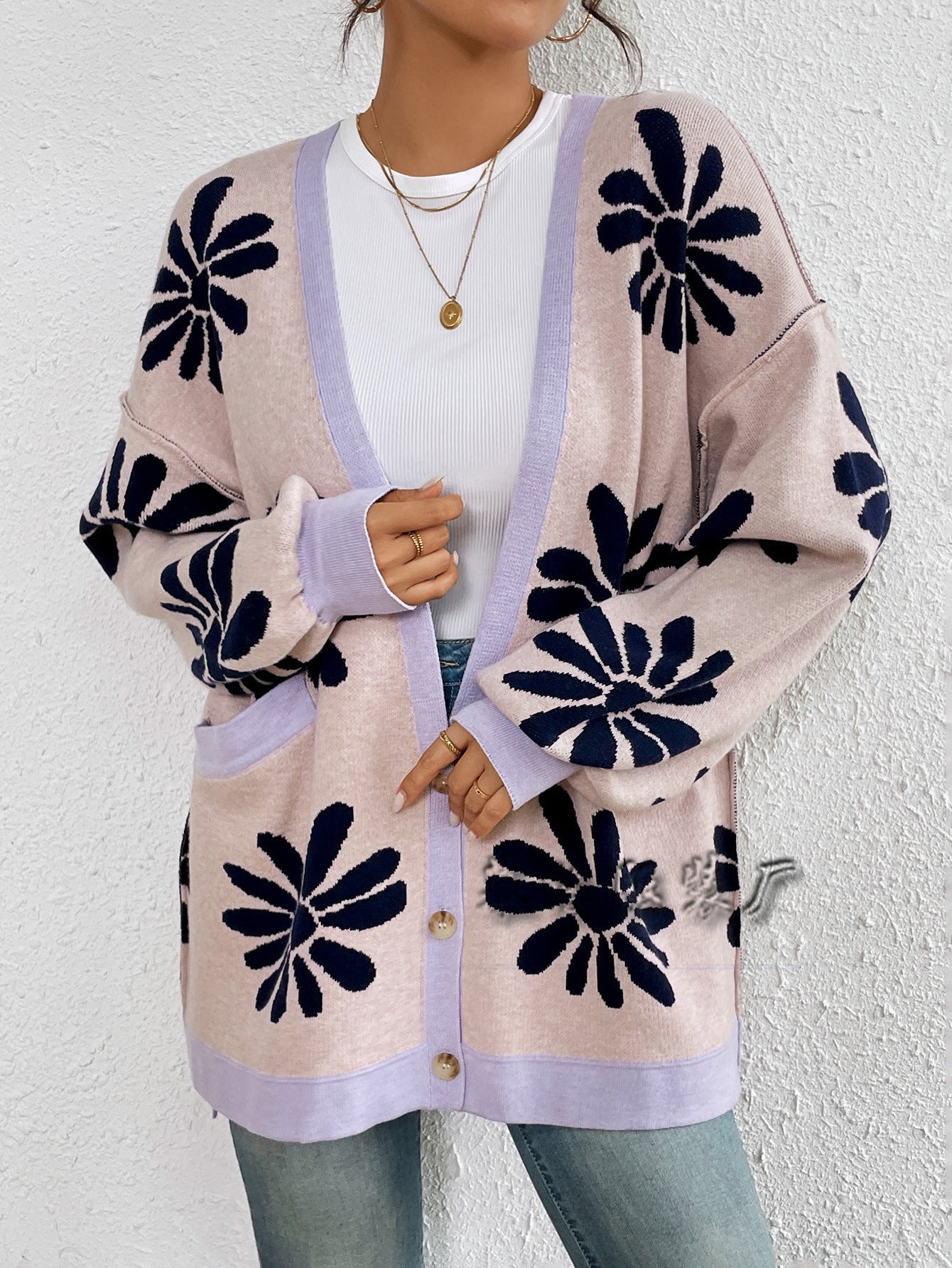 Casual Floral Print Knitted Cardigan Coats-Sweaters-Pink-S-Free Shipping Leatheretro