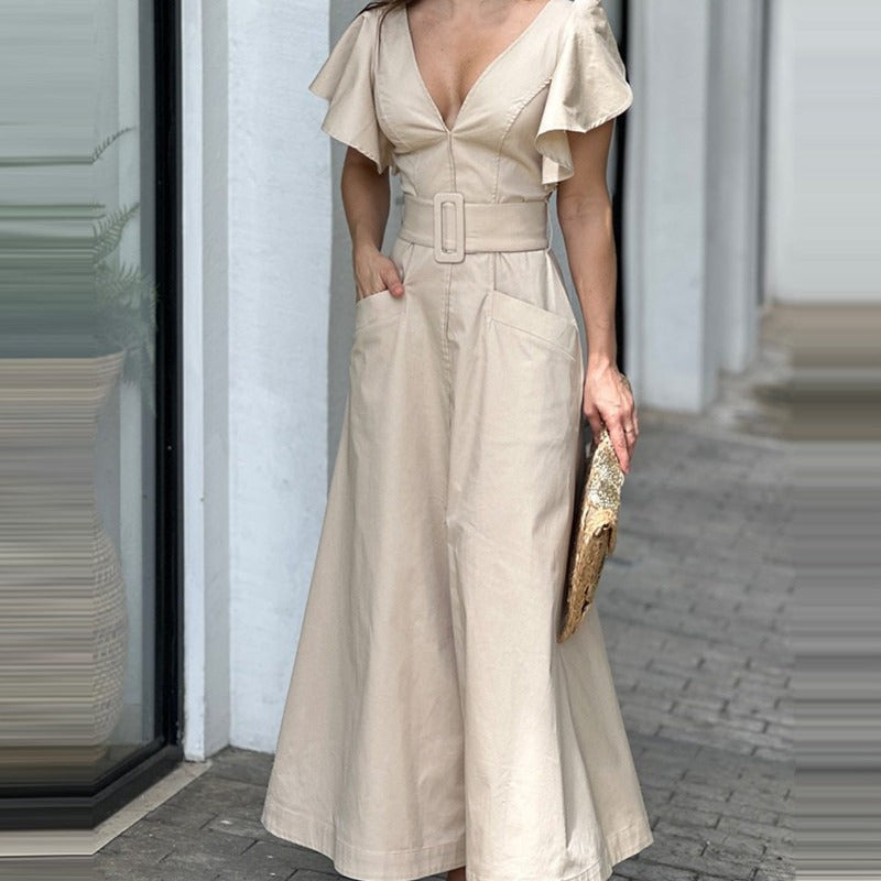 Fashion V Neck Ruffled Long Dresses-Dresses-Ivory-S-Free Shipping Leatheretro