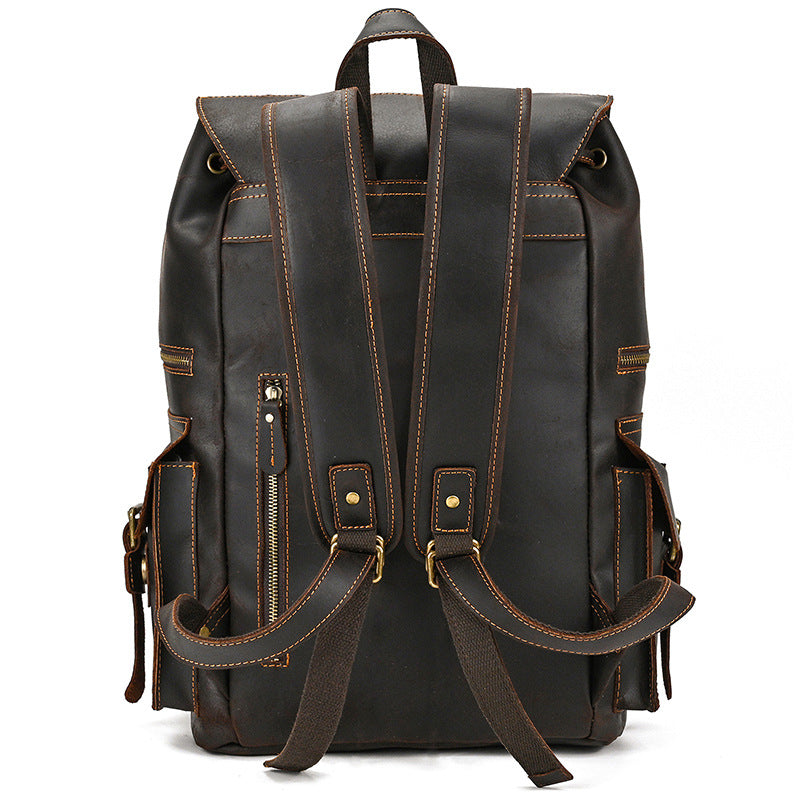 Retro Crazy Horse Leather Backpack – Large Capacity 16-Inch Cowhide Laptop & Travel Bag with Multi-Flap Pockets-Backpacks-Dark Brown-Free Shipping Leatheretro