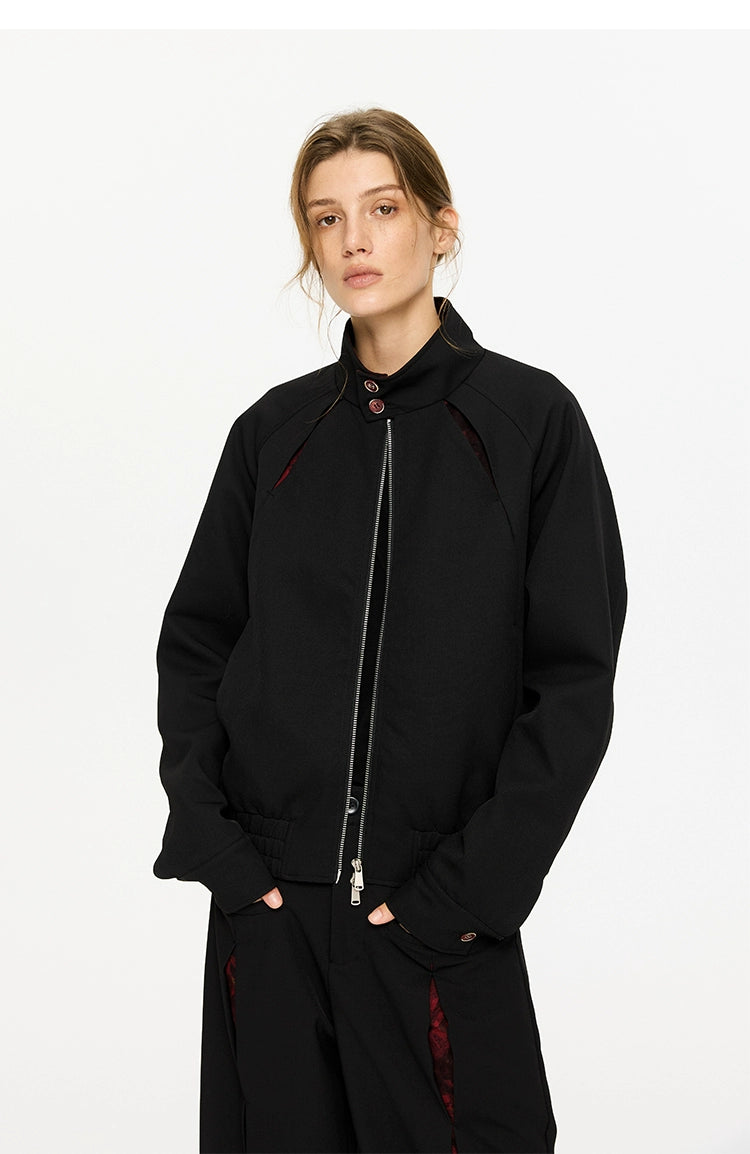 KREATE Harrington Collar Jacket with Segmented Oil Painting Lining-Top-Black-S-Free Shipping Leatheretro