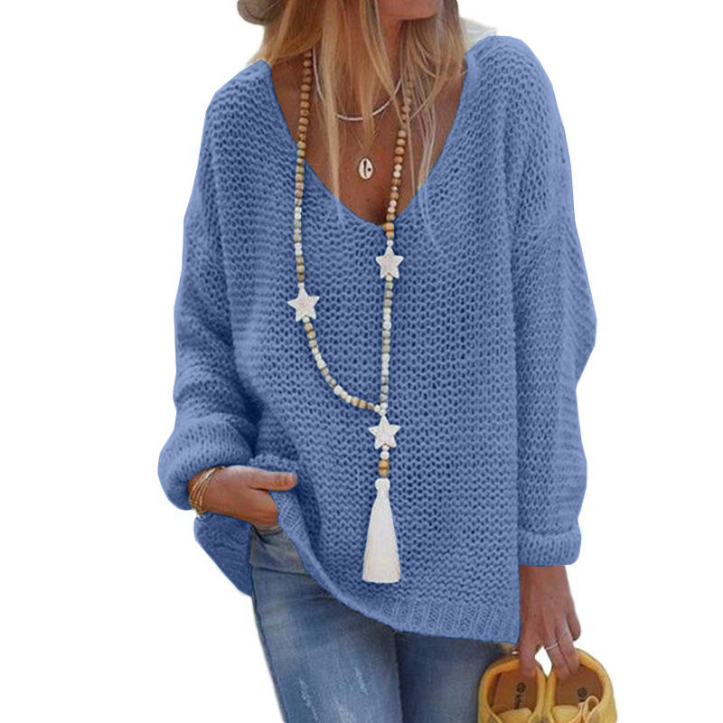 Casual V Neck Knitted Women Sweaters-Sweater&Hoodies-Blue-S-Free Shipping Leatheretro