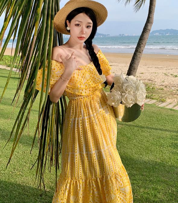 Sexy Off The Shoulder Embroidery Summer Vacation Dresses-Dresses-Yellow-S-Free Shipping Leatheretro
