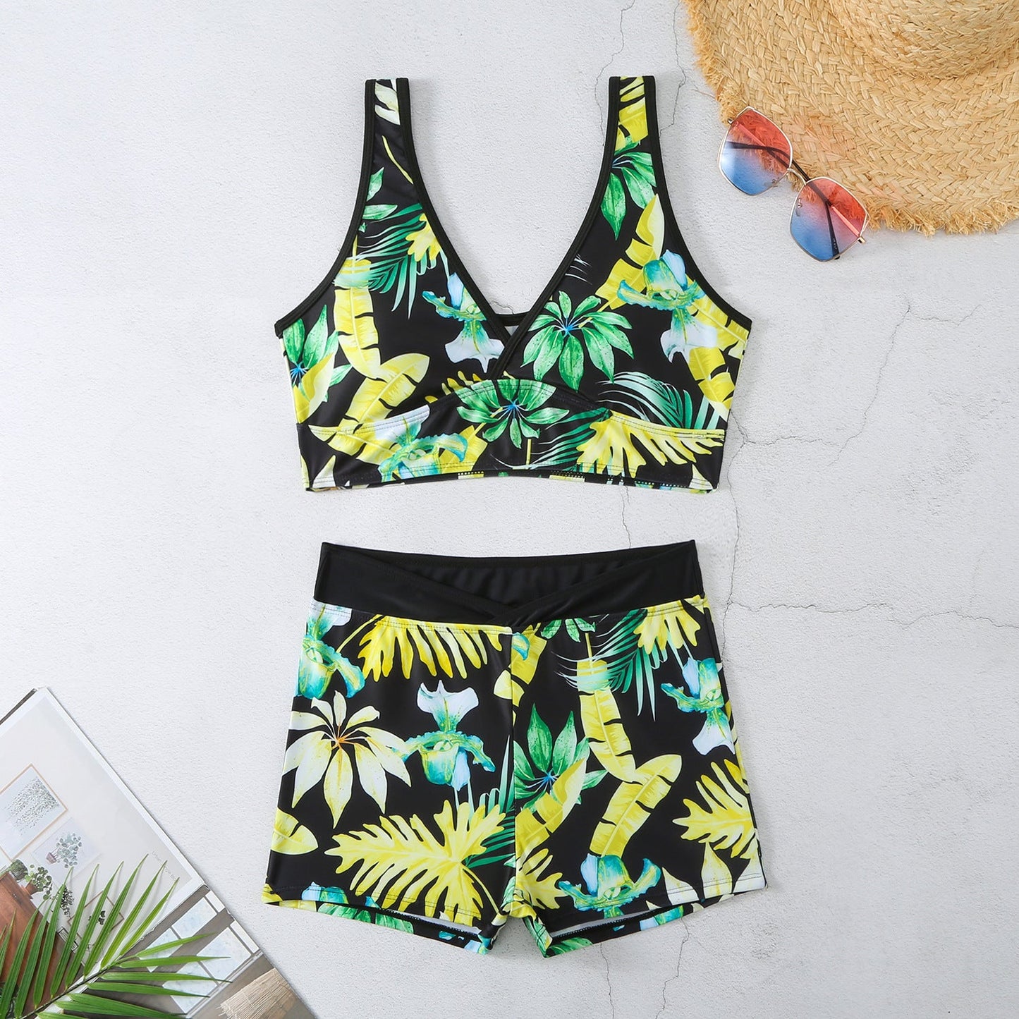 Sexy Floral Print Summer Boxer Swimsuits-Swimwear-Yellow Floral-S-Free Shipping Leatheretro