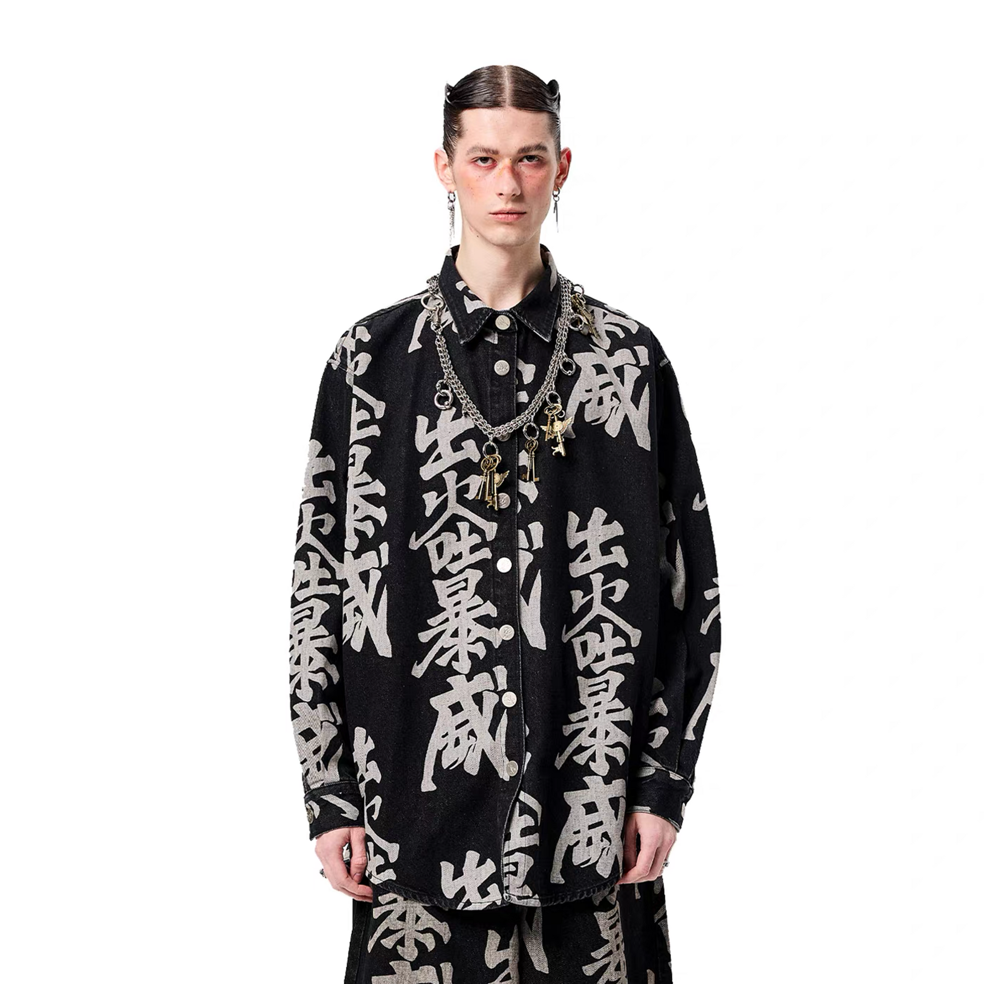 ERISSTOFF Washed Full-Print Oversized Denim Shirt-Shirt-S-Free Shipping Leatheretro