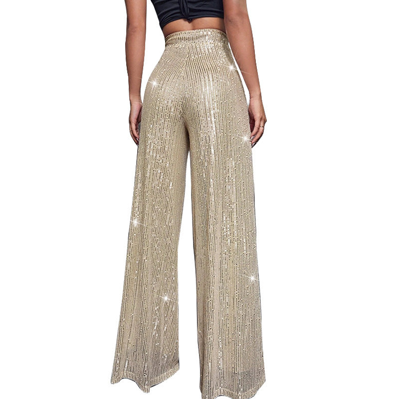 Fashion High Waist Sequin Summer Wide Legs Pants-Pants-Apricot-S-Free Shipping Leatheretro