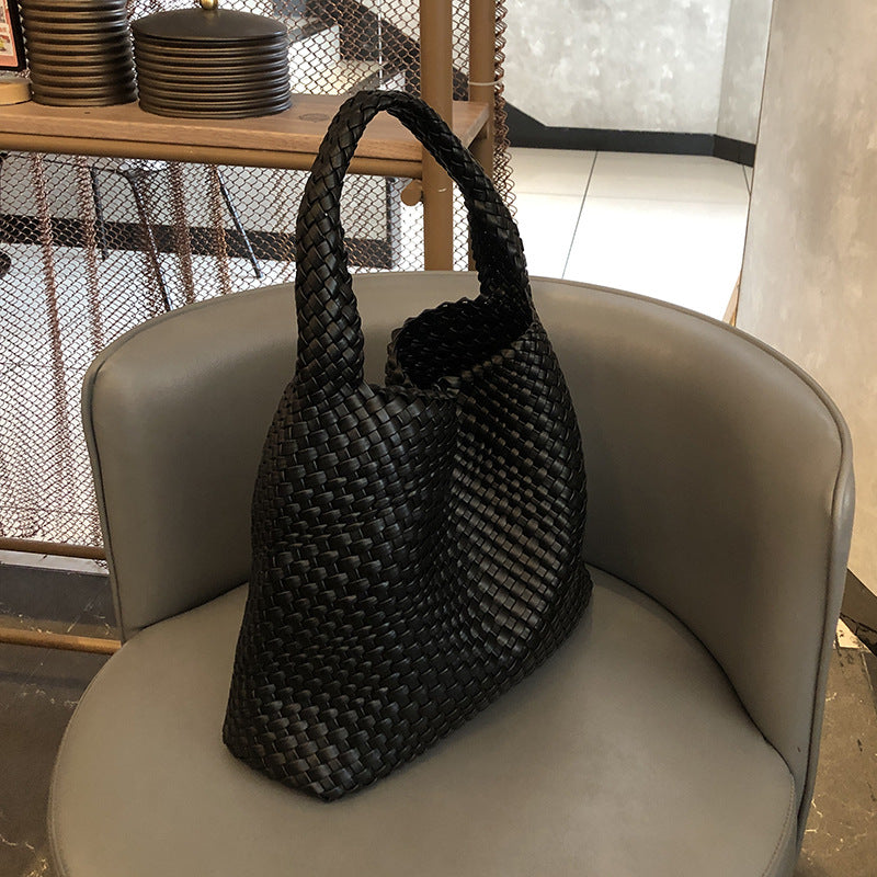 Handwoven Faux Leather Shoulder Tote Bag for Women-Black-Free Shipping Leatheretro