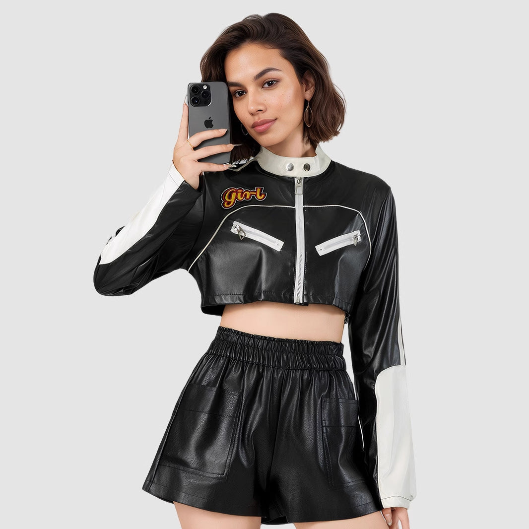 Women's Color-Block Faux Leather Jacket-As Photo-S-Free Shipping Leatheretro