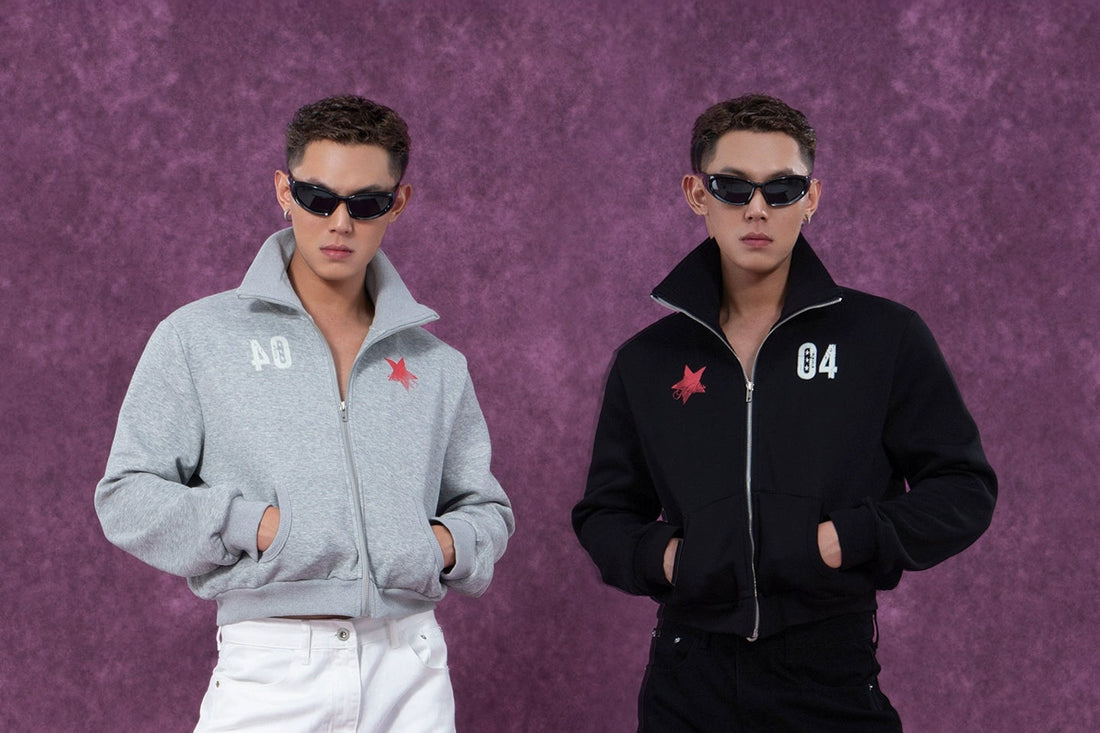 CLP Unisex Cropped Zip-Up Jacket with Print-Black-S-Free Shipping Leatheretro