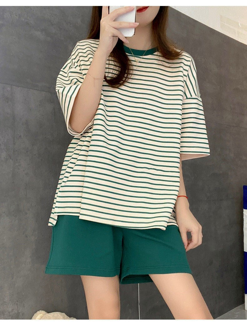 Casual Striped Summer Short Sleeves Shirts & Shorts Homewear-Sleepwear & Loungewear-A-M-L-Free Shipping Leatheretro