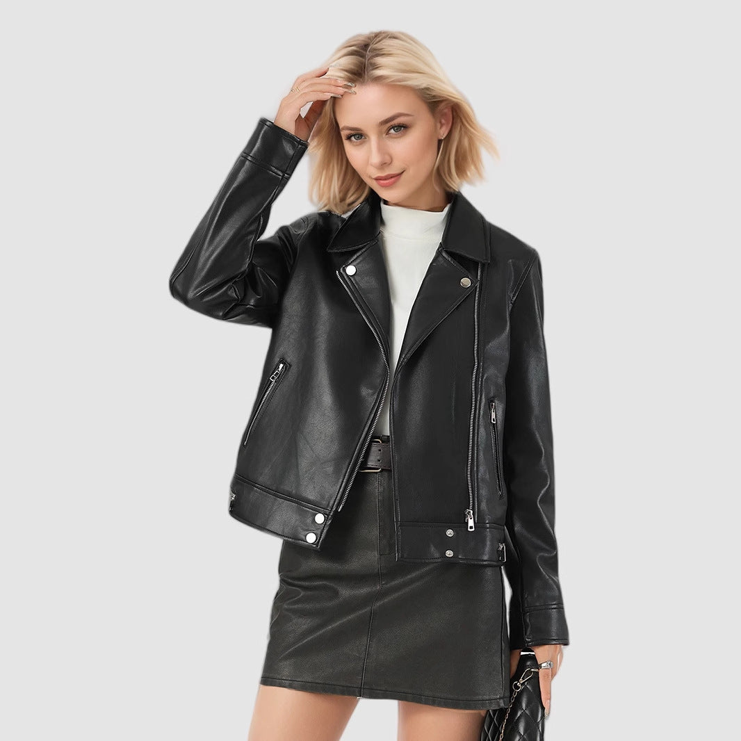 Women's Short Faux Leather Jacket-Black-S-Free Shipping Leatheretro