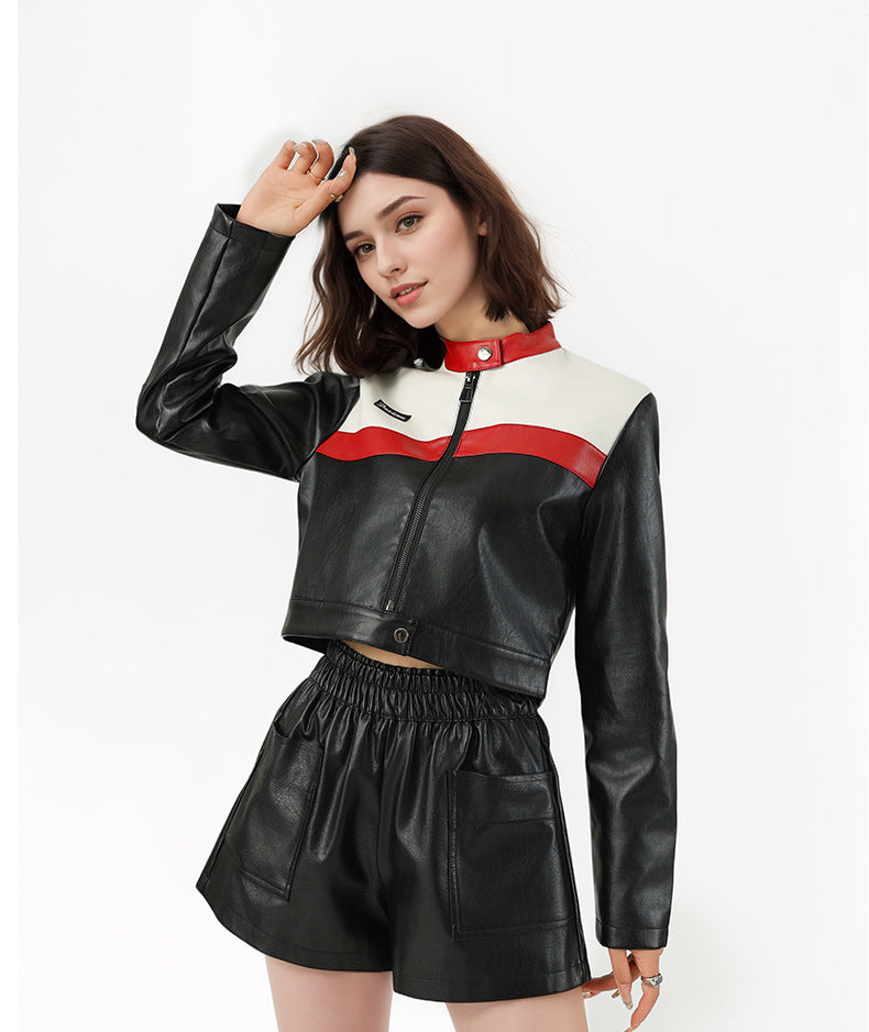 Women's Cropped Biker Jacket – Color-Block Leather Pilot Jacket-As Photo-S-Free Shipping Leatheretro