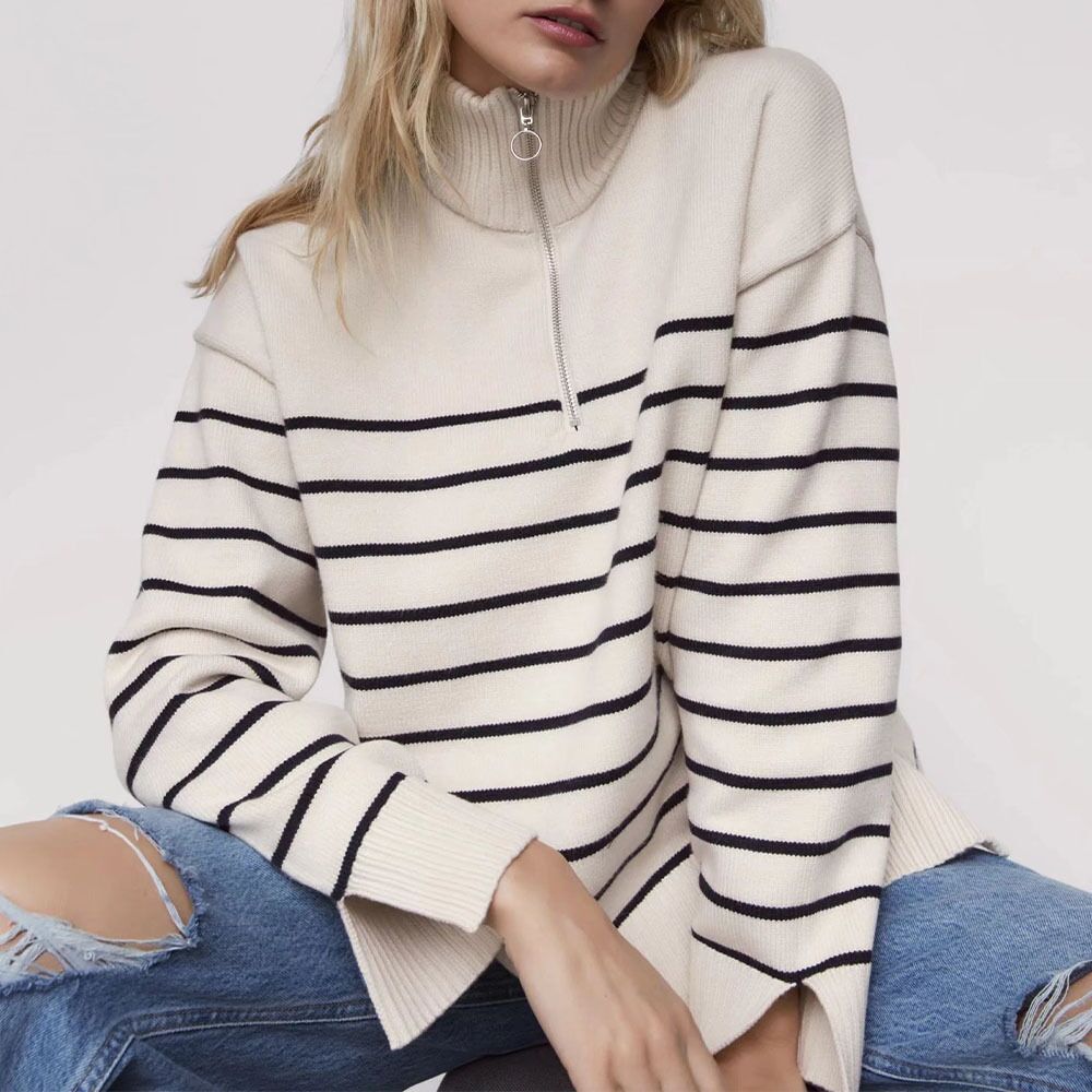 Fashion Striped Zipper High Neck Knitted Sweaters-Sweater&Hoodies-The same as picture-S-Free Shipping Leatheretro