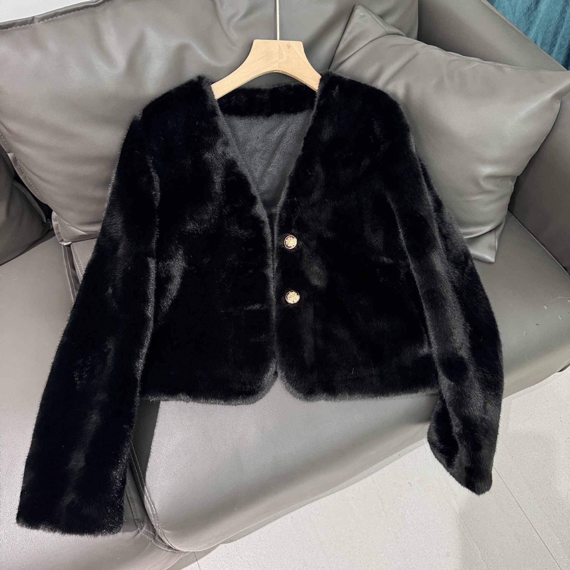 Fashion V Neck Faux Fur Short Coats-Coats & Jackets-Black-One Size-Free Shipping Leatheretro