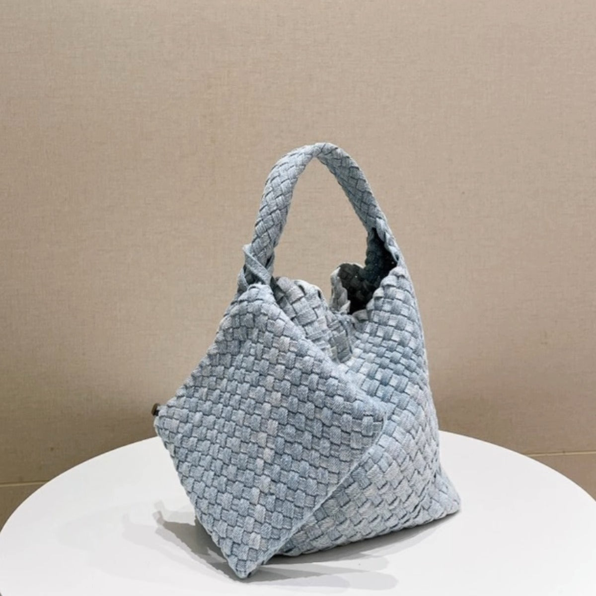 Stylish Canvas & Denim Woven Bucket Bag for Women-Light Blue 23cm-Free Shipping Leatheretro