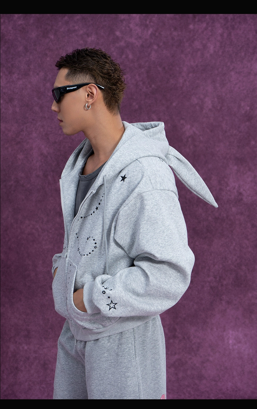 CLP Men's Gray Cartoon Rabbit Print Hooded Sweatshirt Jacket-Gray-S-Free Shipping Leatheretro