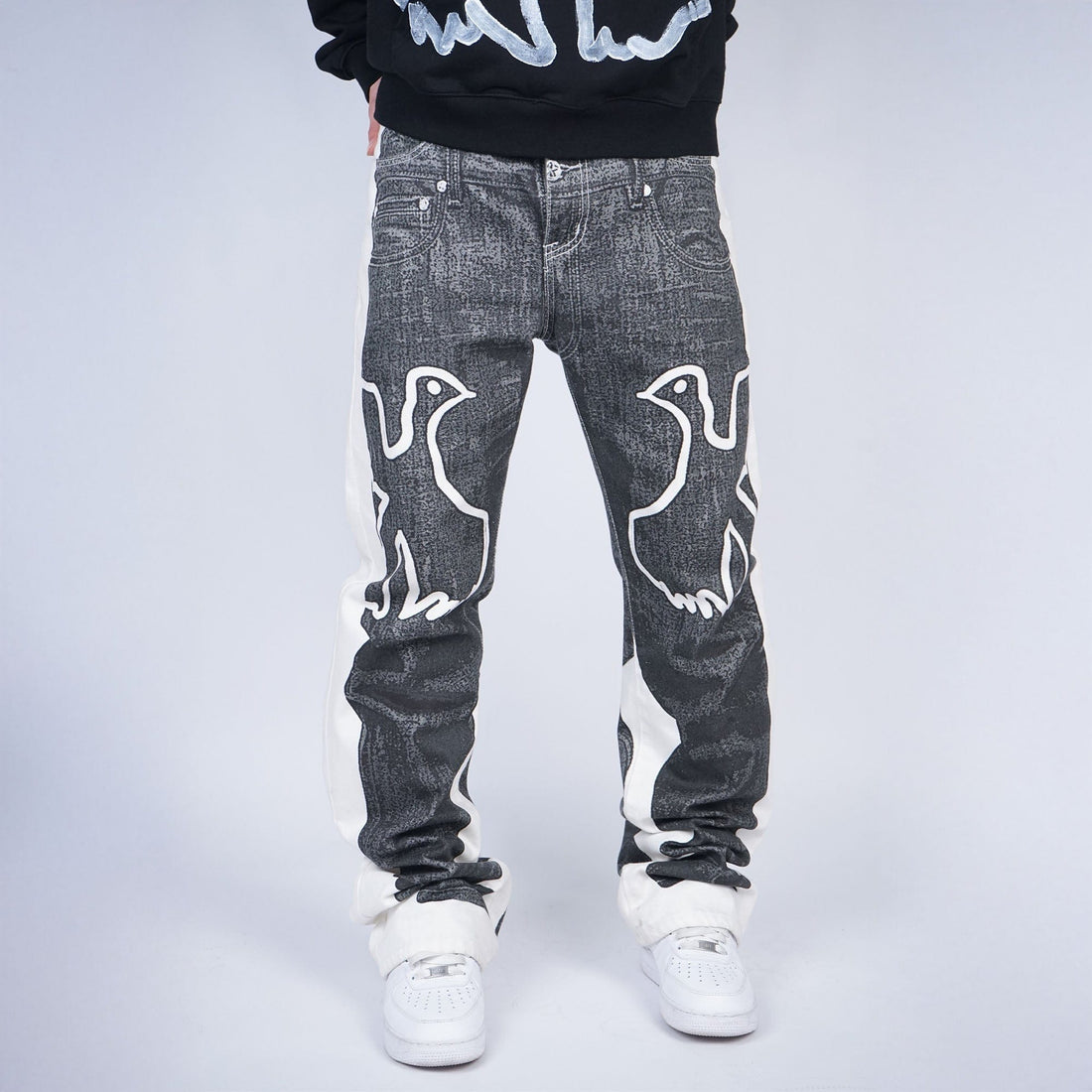 VINKID Faux-Layered Dove Graphic Contrast Panel Jeans-Jeans-S-Free Shipping Leatheretro