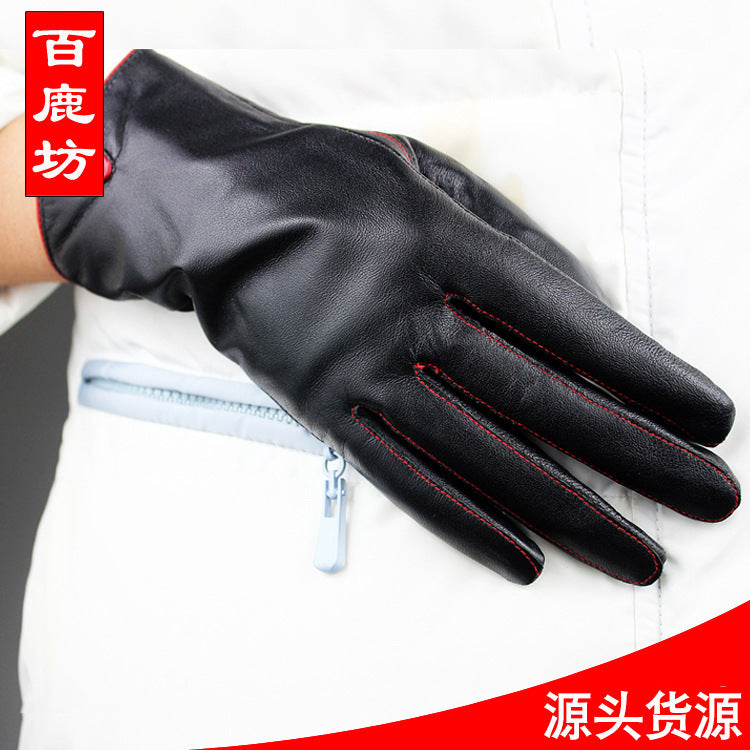 Women's Drawstring Leather Gloves – Soft Lambskin-Black-Free Shipping Leatheretro