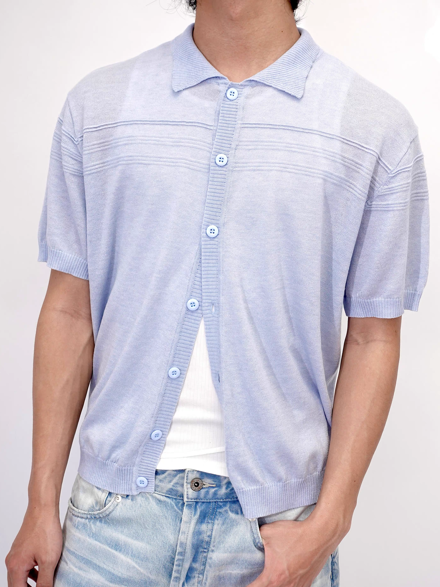 IN EXISTENCE Jacquard-Trim Wool-Blend Knit Half Shirt-Half shirt-S (1)-Blue (S M for Preorder)-Free Shipping Leatheretro