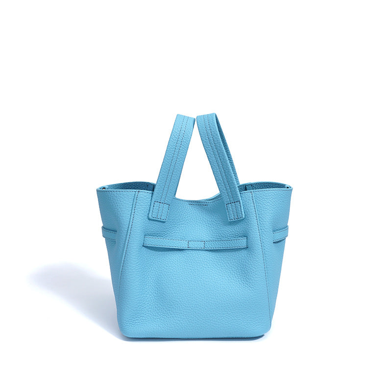 Top-Grain Leather Handbag – Stylish Basket Shoulder Bag with Lock Closure-Milkshake powder-Free Shipping Leatheretro