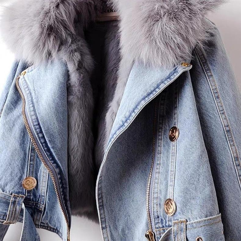 Winter Detachable Fox Fur Denim Jacket Coats for Women-Coats & Jackets-Blue-S-Free Shipping Leatheretro