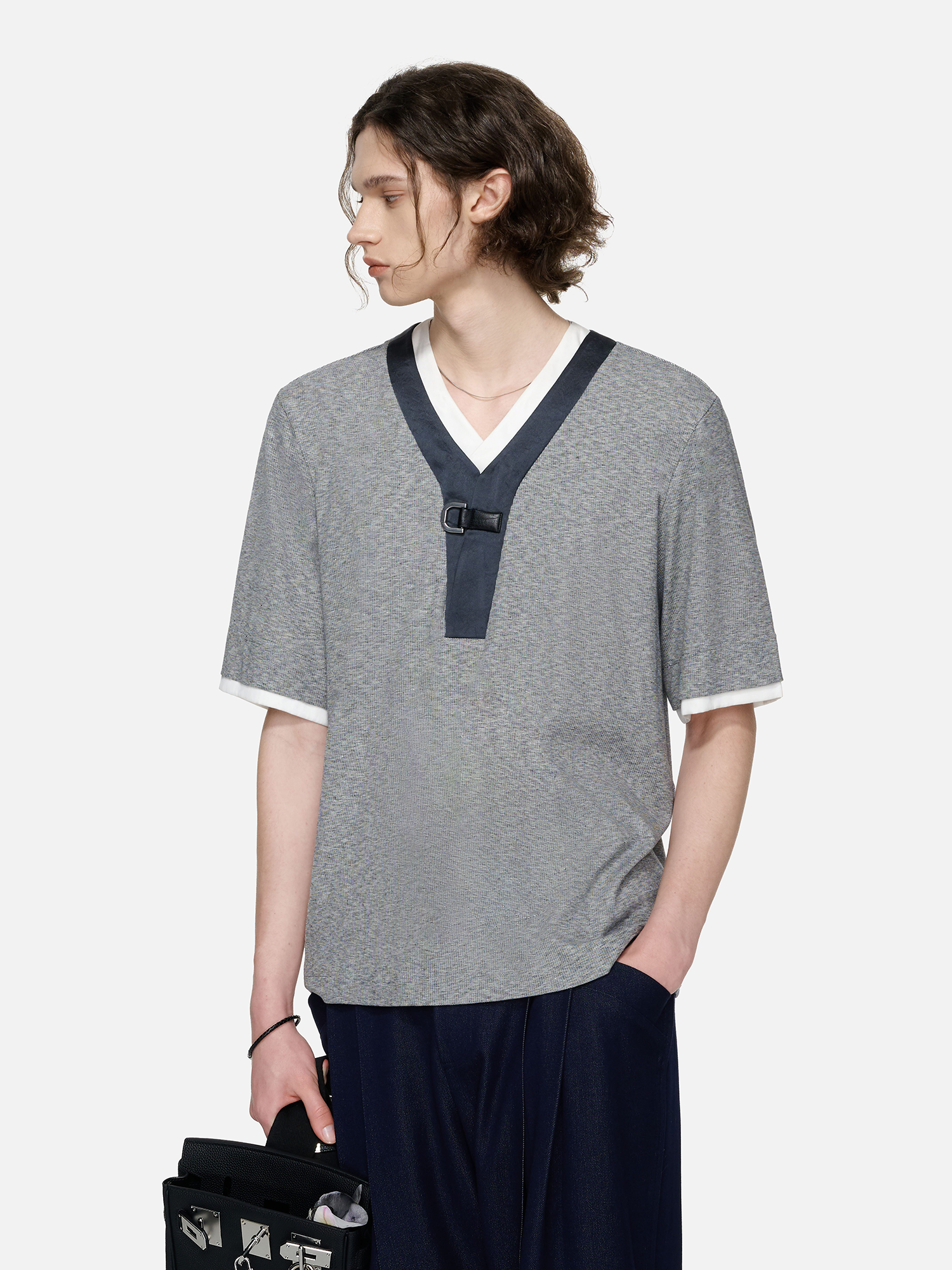 TIWILLTANG Metal Buckle Contrast Trim T-Shirt-T Shirt-S-Free Shipping Leatheretro