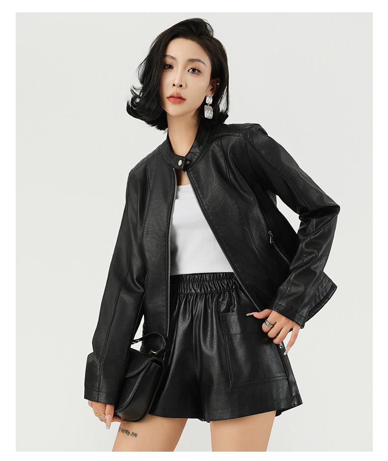 Women's Motorcycle Biker Faux Leather Jacket-Black-S-Free Shipping Leatheretro