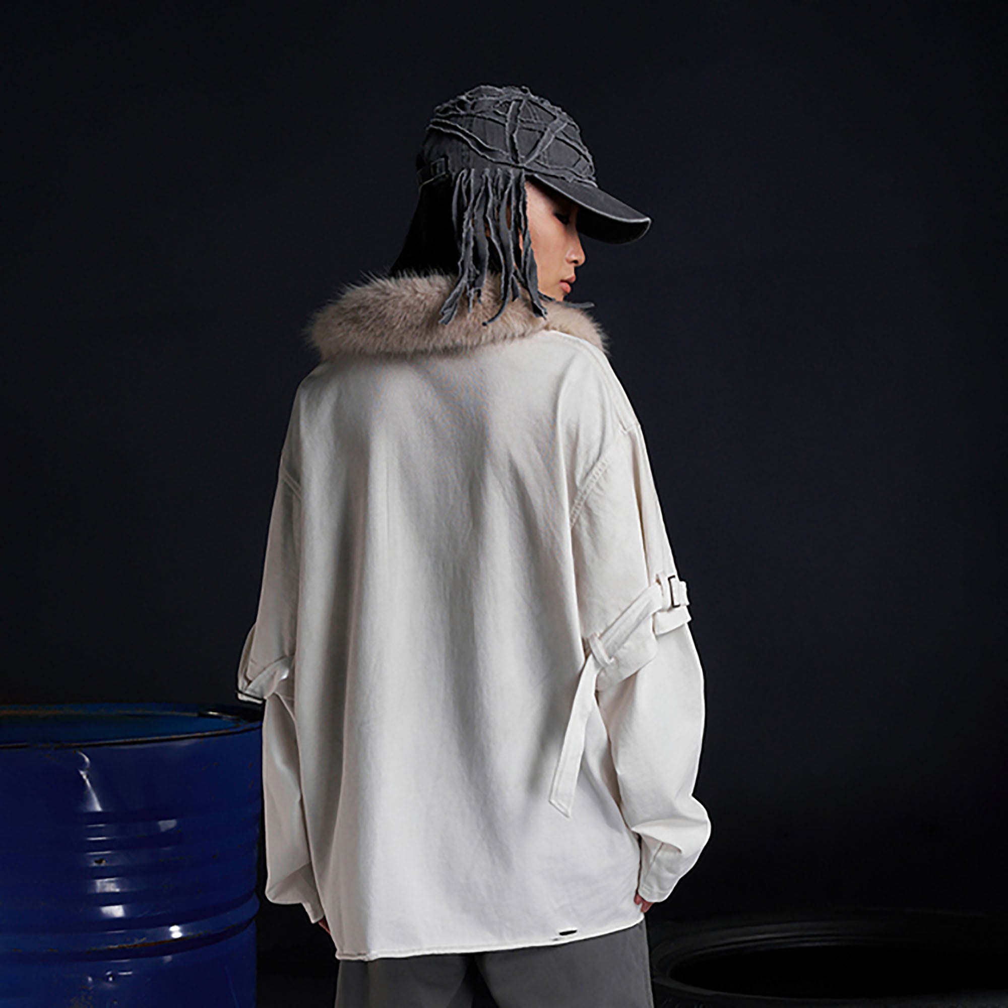 RECOVER ZONE Detachable Faux Fur Collar Long Sleeve Shirt-L/S Tee-M-Black-Free Shipping Leatheretro