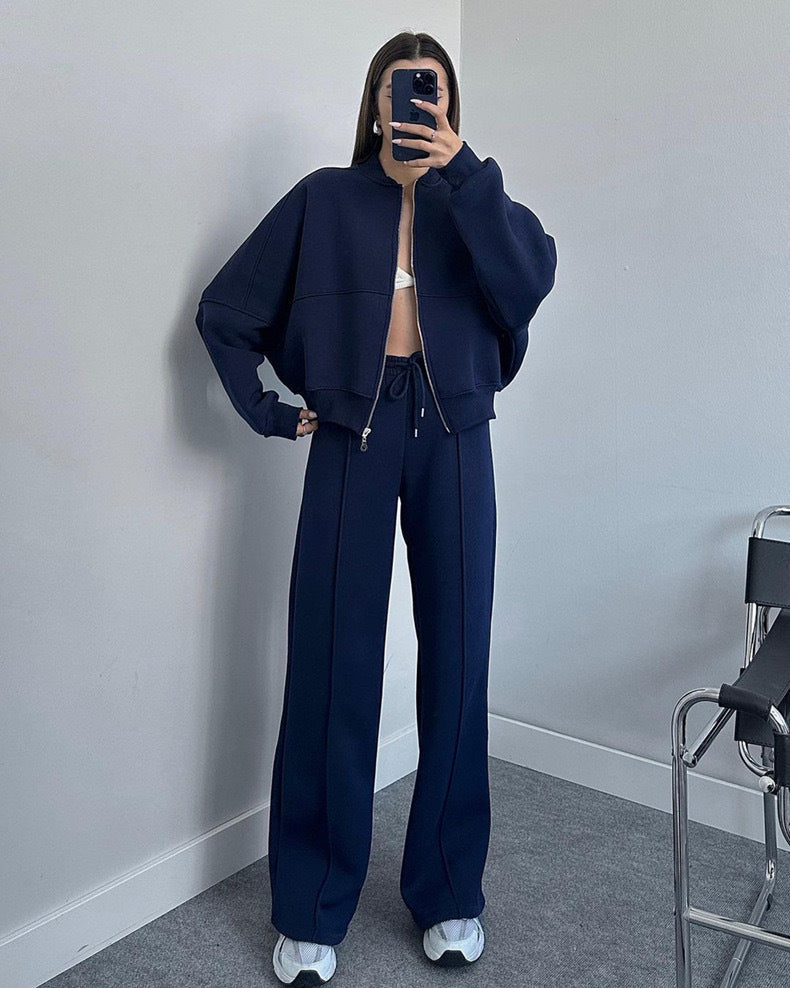 Fashion Women Spring Hoodies and Pants-suits-Navy Blue-S-Free Shipping Leatheretro