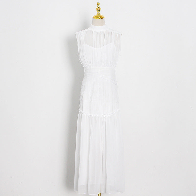 Sexy Chiffon Stand Collar Long Maxi Dresses-Dresses-White-S-Free Shipping Leatheretro