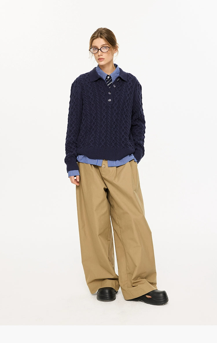 KREATE Textured Cable-Knit Polo Sweater-Ivory-S-Free Shipping Leatheretro