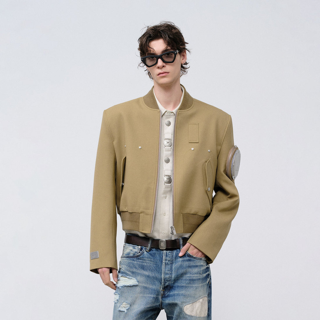 FACEONLAB Arm-Patched Bomber Jacket Khaki-Jacket-M (Preorder)-Free Shipping Leatheretro