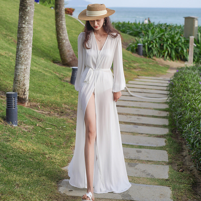 White Chiffon Summer Long Beach Cover Dresses-Dresses-White-S-Free Shipping Leatheretro