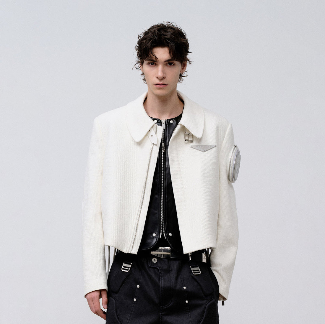 FACEONLAB Arm-Patched Cropped Naval Jacket White-Jacket-M (Preorder)-Free Shipping Leatheretro