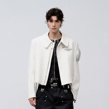 FACEONLAB Arm-Patched Cropped Naval Jacket White-Jacket-M (Preorder)-Free Shipping Leatheretro