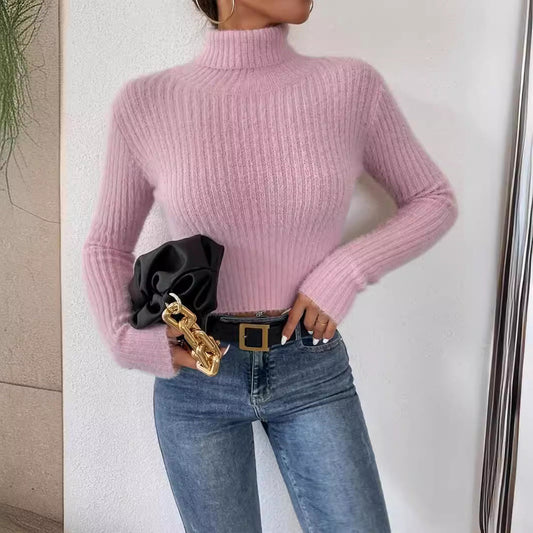 Fashion High Neck Knitted Pullover Sweaters-Sweater&Hoodies-Pink-S-Free Shipping Leatheretro