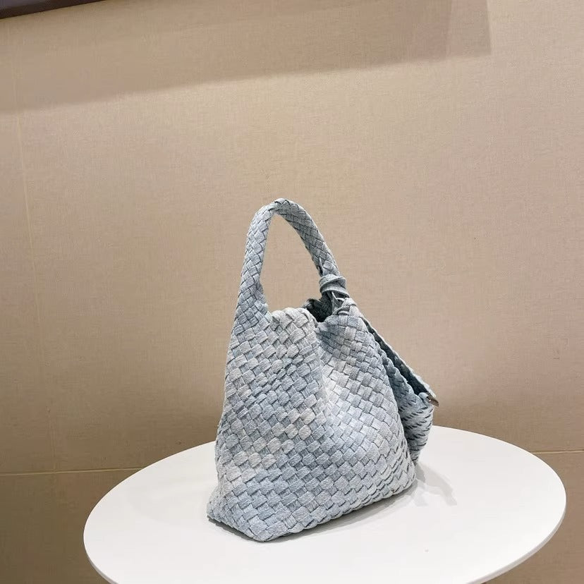 Stylish Canvas & Denim Woven Bucket Bag for Women-Light Blue 23cm-Free Shipping Leatheretro