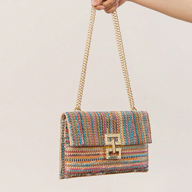 Rattan Straw Woven Flap Shoulder Bag-杏色-29x18x3CM-Free Shipping Leatheretro
